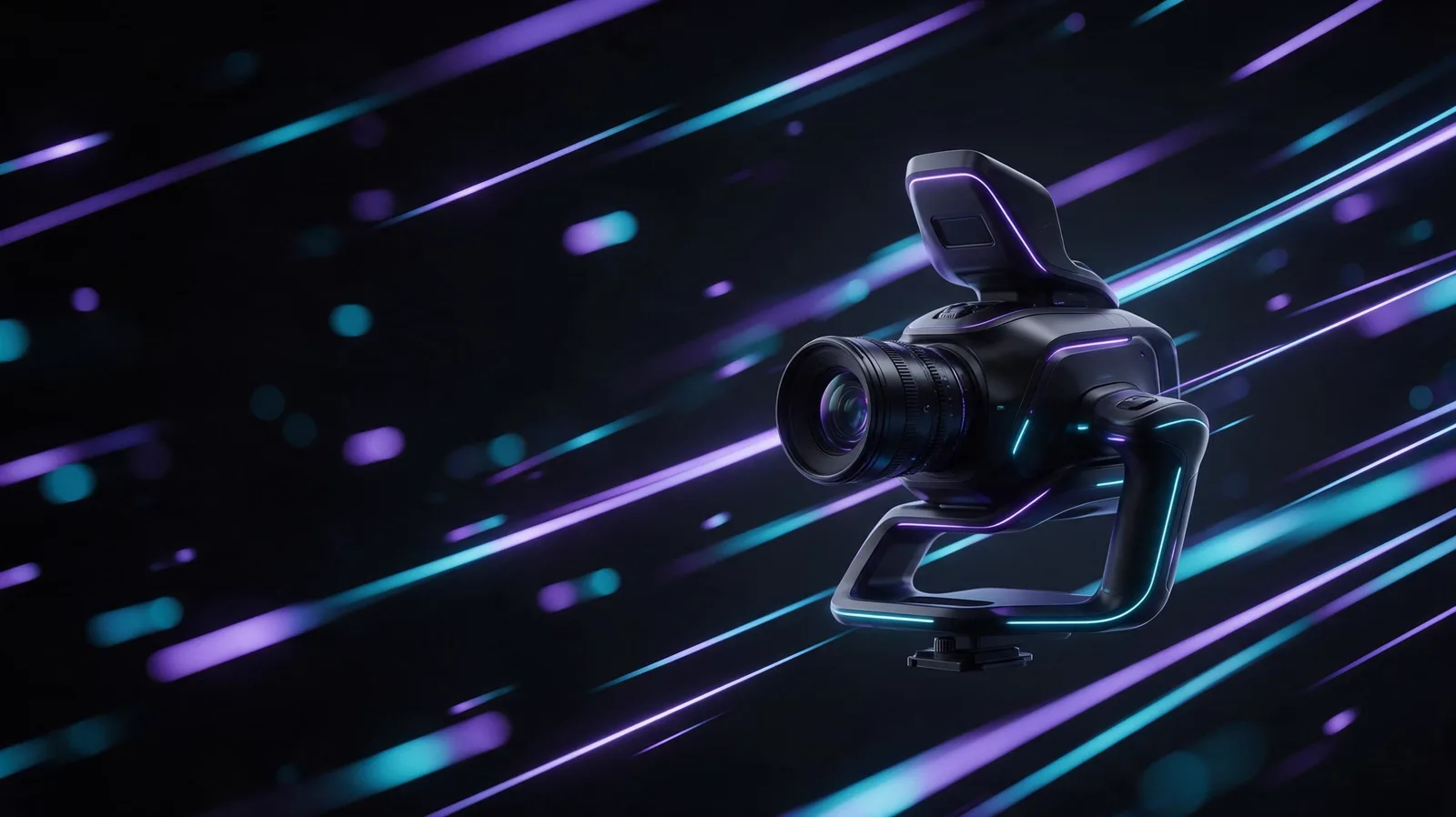 Rig kamera futuristik dengan cahaya ungu dan cyan